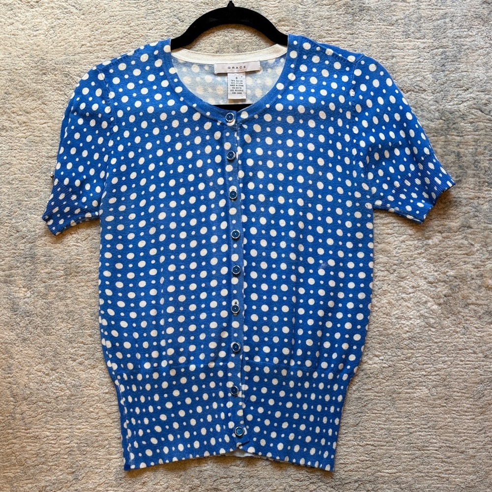 Grace Blue and White Polka Dot Short Sleeve Cardigan